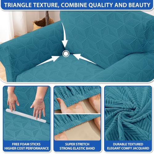 ZNSAYOTX Stretch Couch Cover, 1 Piece Sofa Covers for 2 Cushion Couch, Jacquard Loveseat Slipcovers with Elastic Bottom Thickened Furniture Protector for Dog Cat Pet (Medium, Peacock Blue)