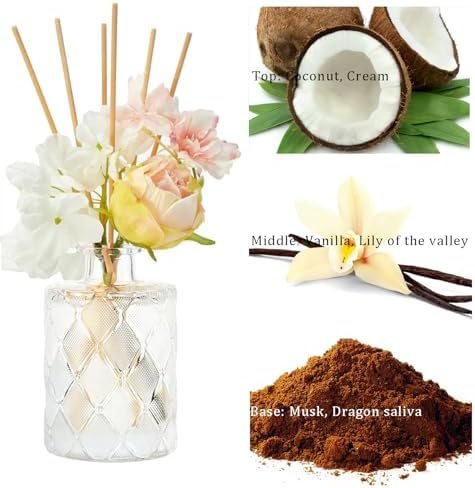 Chloefu Lan Creamy Vanilla Reéd Diffuser, Milky Coconut, 6.7 oz Flower Diffuser with Sticks, Modern Farmhouse Decor, Bathroom & Office Decor, Room Freshener