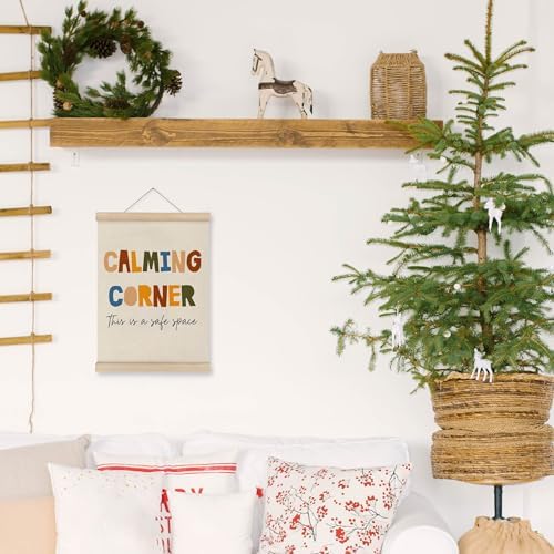 MAQIKA Calming Corner Mental Health Poster Framed with Wood Hanger, Therapy Office Hanging Wall Decor, Safe Space Sign Canvas Wall Art Paints for Therapy School Counselor Office Classroom, 12x16 Inch