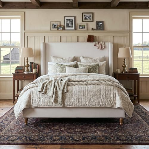 54" Tall Headboard California King Upholstered Platform Bed Frame with Wingback, Modern Tufted Fabric Bed with Solid Wood Legs, No Box Spring Needed, Textured Ivory Canvas