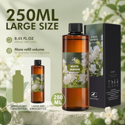Diffuser Oil Refill, 250ml / 8.45 fl oz, Jasmine - Reed Diffuser Oil Refill for Home Fragrance, Scented Oil for Reed Diffuser Bottles, Floral, Ylang Ylang & Woody Notes