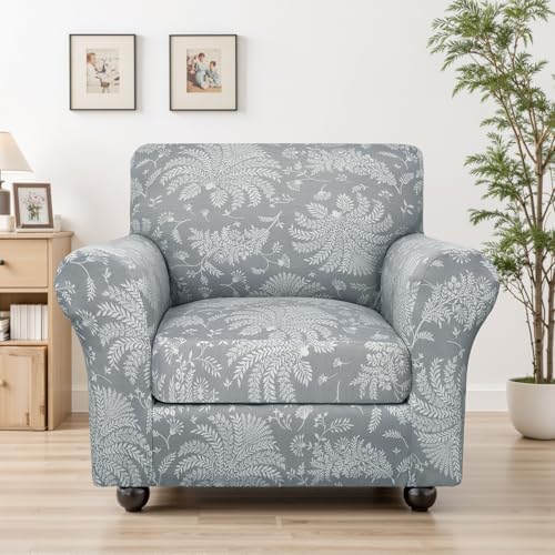 SearchI Sofa Cover Couch Covers, 2 Pieces Armchair Slipcover with 1 Separate Cushion Cover Stretch Soft Furniture Protector for Living Room Couch Cover for Pets Kids(Armchair, White Plants)
