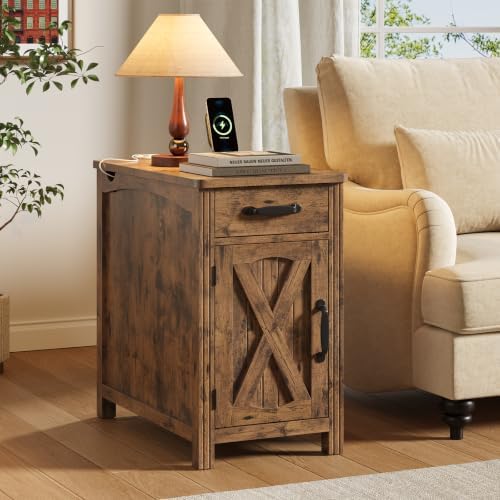 ONBRILL Farmhouse End Table with Charging Station,Rustic Brown
