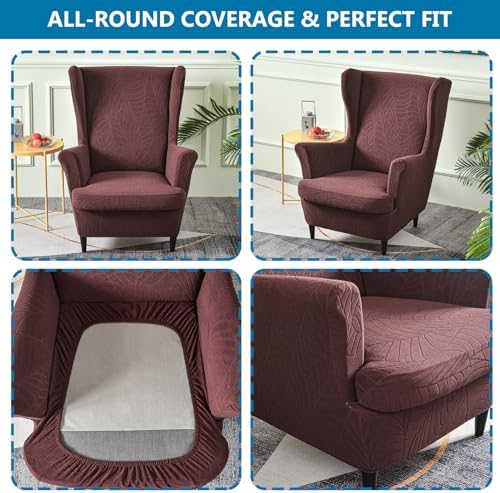 2 Piece Wingback Chair Cover Stretch Jacquard Wing Back Chair Slipcover with Armrest Washable Furniture Protector for Armchair Living Room Bedroom