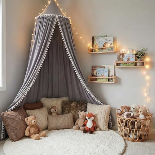 LOAOL Bed Canopy with Pom Pom Kids Reading Nook Hanging Tent (Gray)