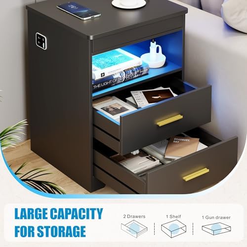 FREDEES LED Nightstand with Gun Drawer & Charging Station