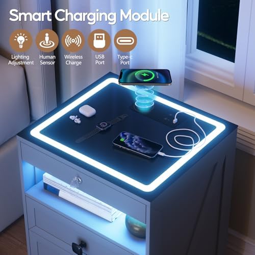 Smart LED Nightstand with Lockable Gun Drawer & Glass Top（Grey）