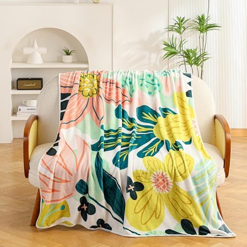 Tyrot Boho Floral Flannel Fleece Throw Blanket – Soft, Warm & Lightweight Fuzzy Blanket for Couch, Bed, or Sofa Decor, Cute Botanical Design for Men Women & Girls, 50''x60'', Pink Green