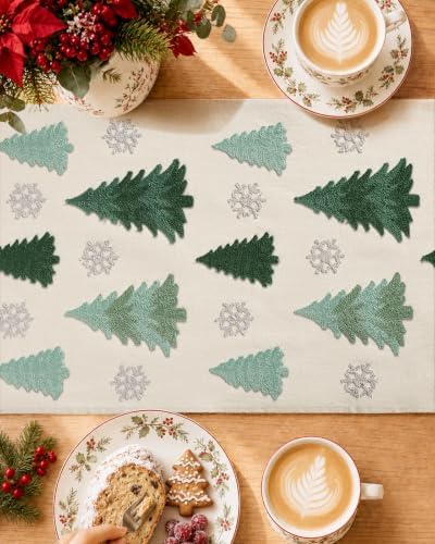 Miss Adola Embroidered Canvas 13"x90" Christmas Table Runner, Merry Forest