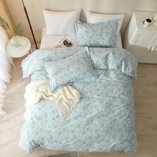 Blue Grey Flower Duvet Cover Set 100% Cotton Twin(68"x86"),White Daisy