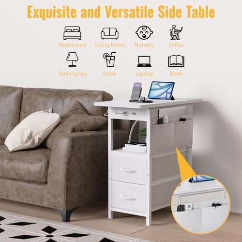 Yenlure Small Side Table with Charging Station, Narrow Nightstand Bedside Tables with Storage Pocket for Living Room Bedroom, Sofa End Table with USB Ports and Power Outlets for Small Spaces