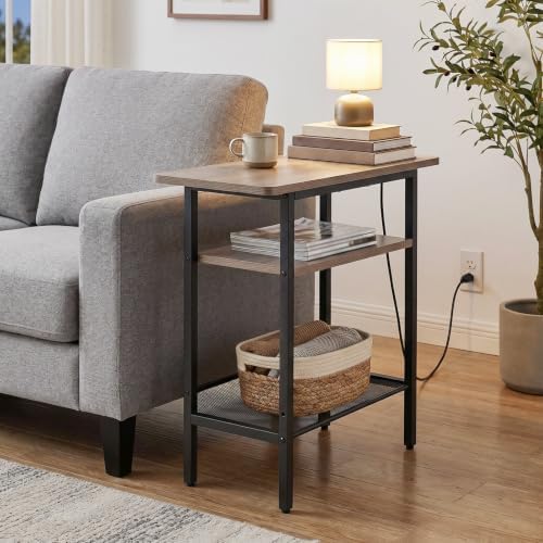 HOOBRO Side Table with Charging Station for Small Spaces, Greige and Black