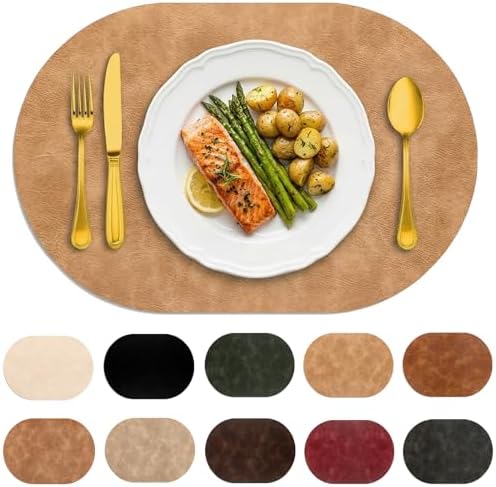 Oval Placemats Set of 12, Wipeable Faux Leather, Soft Apricot
