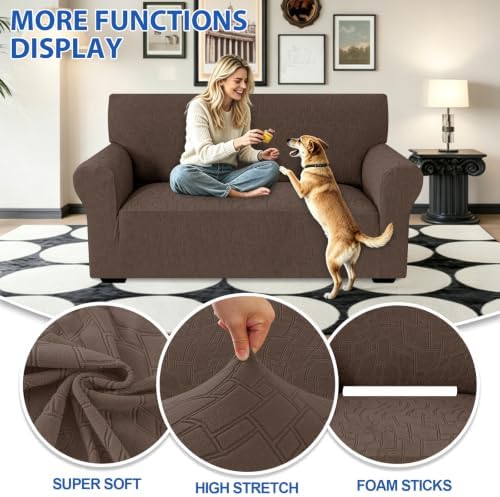 MAXIJIN Waterproof Loveseat Cover Couch Covers (55"-69"), Stretch Love Seat Sofa Slipcovers with Non Slip Elastic Bottom, Dog Pet Friendly Furniture Protector Washable (Medium, Coffee)