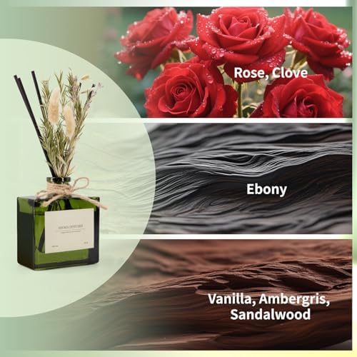 Reed Diffuser, 6.09 oz Sandalwood Rose Scent Diffuser with Sticks & Dried Flowers, 120 Days Long Lasting diffusers for Home, Elegant Fragrance for Bathroom Bedroom Office Decor Air Fresh