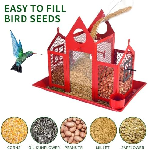 Solar Bird Feeders House for Outside Hanging, Metal Wild Bird Feeder for Outdoors, Large Cardinal Bird Feeder Birdhouses Squirrel Proof (Red)