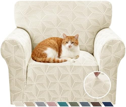 YEMYHOM 1 Piece Stretch Chair Sofa Slipcovers Couch Covers for 1 Seat, Jacquard Armchair Covers with Non-Slip Elastic Bottom, Thickened Furniture Protector for Dogs Pets kids (Small, Beige）