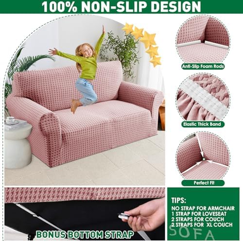 MAXIJIN Stretch Loveseat Couch Cover for 2 Cushion Couch (55"-69" Washable Sofa Slipcovers with Non-Slip Foam & Elastic Strap, Dog Cat Pet Friendly Furniture Protector (Medium, Pink)
