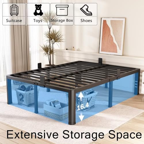 18 Inch Full Bed Frame with Rounded Corner and Headboard Hole Mattress Retainers 3500 LBS Metal Heavy Duty Steel Slats Support No Box Spring Needed Platform Noise Free Easy Assembly