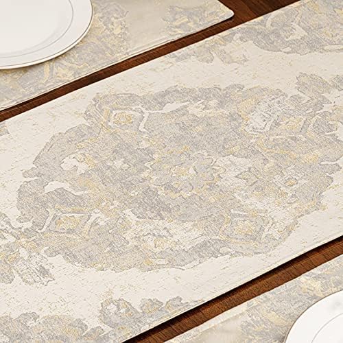 Loom and Mill Luxury Elegant Damask Table Runner 108 inches Long, Beige