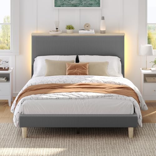 Bestier Queen Size Bed Frame with Headboard Shelf & LED, Upholstered, Grey