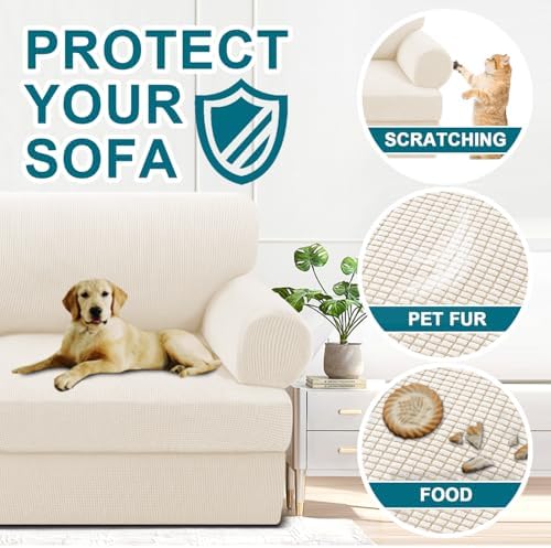 Turquoize T Cushion Chair Slipcover Armchair Slipcover for Living Room Stretch Sofa Couch Cover Soft Armchair Cover Washable Furniture Covers with Individual T Cushion Seat Covers (Chair, Cream)