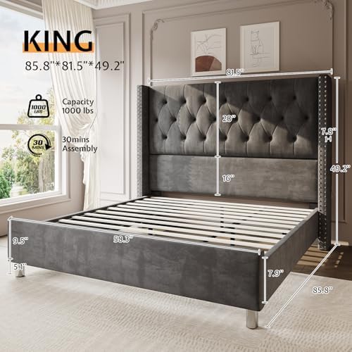 Jocisland King Bed Frame Velvet Tufted Upholstered 49.2" Headboard, Grey