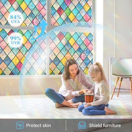 Haton Stained Glass Window Film, Rainbow Lattice Stickers, 17.5" x 118.1"