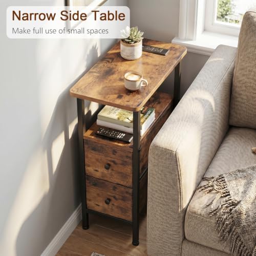 LOAKEKEL Narrow End Table with Charging Station, Small Nightstand