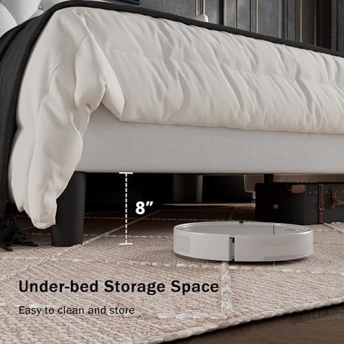 GalnFu Queen Size Bed Frame with Button Tufted Headboard, Upholstered Platform Bed Frame with UnderBed Storage, Wooden Slats Supports, Noise Free, No Box Spring Needed, Easy Assembly, White