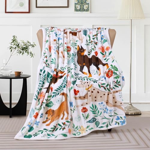 Dog Blanket Ultra Soft Floral Throw Blankets Gifts for Dog Lover Blanket Flower Leaves Flannel Fleece Throw Lightweight Warm Cozy Fuzzy Plus Cabin Blanket for Bed Sofa, 50" X 60"