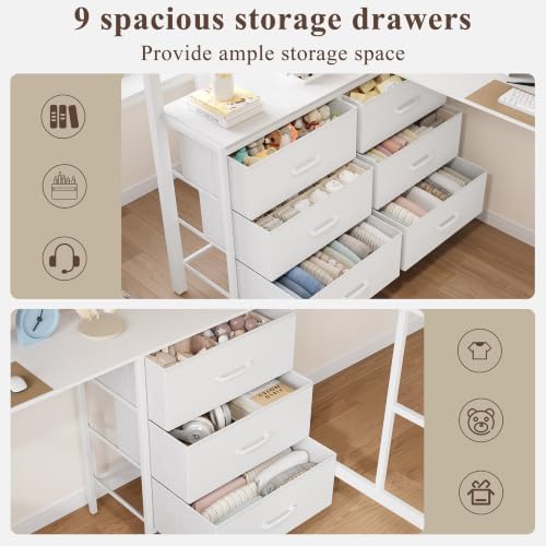 Twin Size Loft Bed with L-Shaped Desk and Storage, White