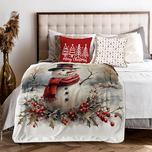 Christmas Snowman Throw Blanket for Couch, Rustic Christmas Decor, Vintage Red Xmas Snowman Winter Holiday Throw Blanket for Bedroom Living Room Home Decoration, 50x60 Inches
