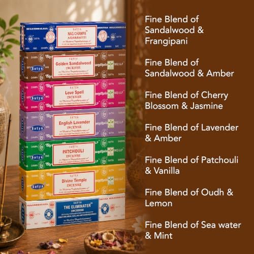 Satya Incense Sticks Gift Set, 7, Scents Nag Champa, Patchouli, The Eliminater, Divine Temple, Love Spell, Golden Sandalwood, English Lavender, 15 g Each (Oriental Mix)