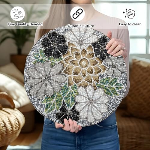 Beaded Placemats for Dining Table Grey Multi - Measure 13 Inches Flower Beaded Placemats Round for Gathering, Christmas, Thanksgiving - Occasional Decoration and Family Parties Celebrations