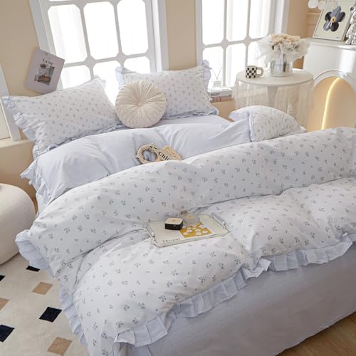 Blue Floral Duvet Cover Full Cute Flower Ruffle Duvet Cover White Soft 100% Cotton Lace Comforter Cover Floral Print Girls Princess Bedding Sets Vintage Botanical Flower Duvet Cover with 2 Pillowcases