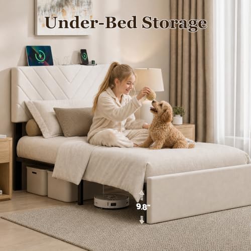 Twin Bed Frame with Adjustable Headboard, White Velvet Upholstered