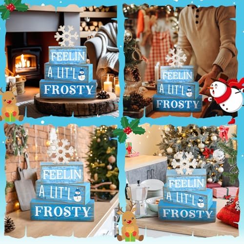 Yuntau 4 Pcs Winter Tiered Tray Decor Christmas Snowflake Wooden Block Sign