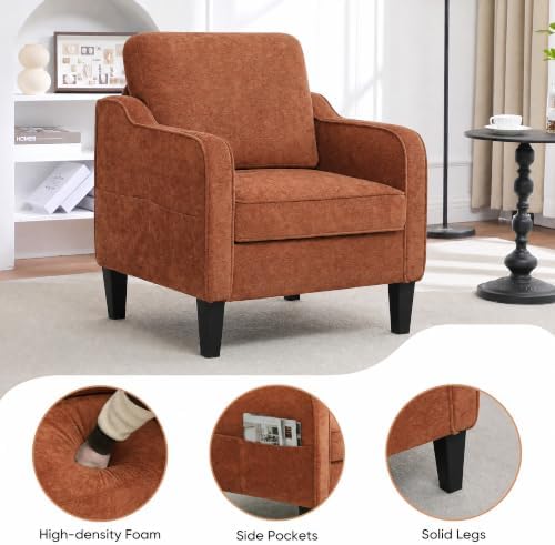 Accent Chair for Living Room, Mid Century Modern Reading Chair for Bedroom, Upholstered Armchair with Side Pockets, Comfy Single Sofa Side Chair for Office, Apartment, Small Room, Orange