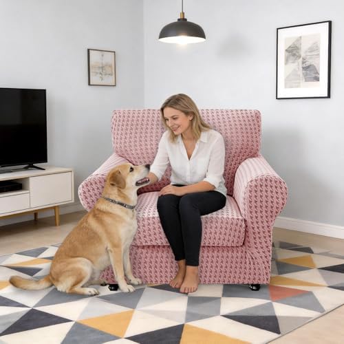 MAXIJIN 2 Pieces Stretch Chair Cover Armchair Covers for Living Room Thick Soft Chair Slipcovers with Arms Dogs Pet Single Sofa Couch Protector with Elastic Bottom (Pink, 31"-46")