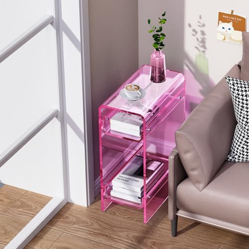 Clear Acrylic Side Table, Narrow Nightstand Bedside Table for Bedroom, Skinny Small End Table (Pink, 8.7'' x 15.7'' x 21.7")