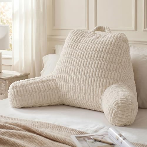 Blissful Diary Reading Pillow, Large Backrest Pillow with Shredded Memory Foam for Adult & Children, Designed for Bed and Couch Sitting Up, Includes Arms, Pockets and Washable Cover, Off White