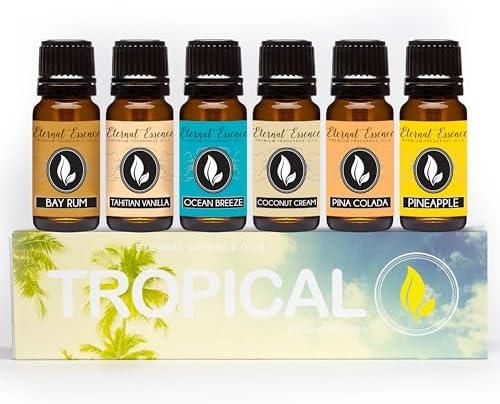 Eternal Essence Oils Tropical Set of 6 Premium Fragrance Oils - Includes Coconut Cream, Bay Rum, Pina Colada, Tahitian Vanilla, Ocean Breeze, and Pineapple Scented Oils - 10ML