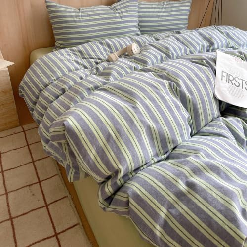 AOJIM Striped Duvet Cover Queen 100% Washed Cotton 3-Piece Vintage Bedding