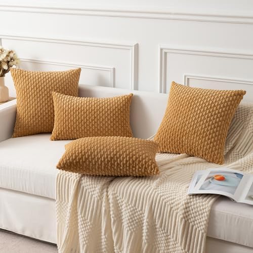 Kevin Textile Soft Corduroy 24x24 Inch Pillow Covers 2 Pack, Gold