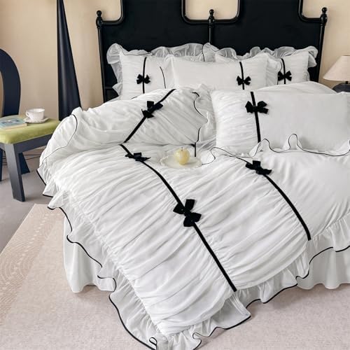 Ruffle Beddding Set with Bowtie,Girls Lace Bedding,White Queen Comforter Cover Set, Chic Ruffled Duvet Cover with Lovely Bow,Princess Style 1 Duvet Cover with 2 Pillowcases, No Comforter
