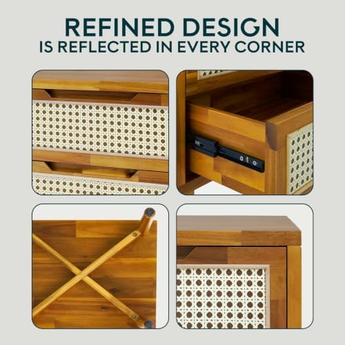 Bme Oliver Solid Wood Rattan Nightstand, Bohemian & Mid Century, Caramel