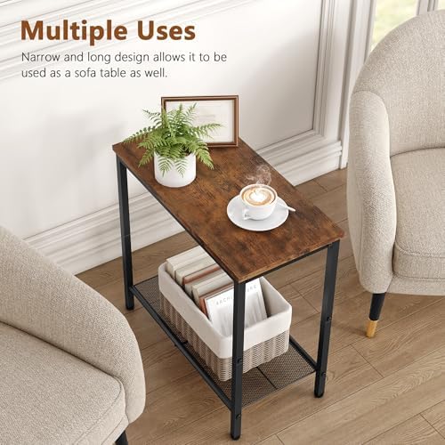 Hoctieon 2 Tier End Table, Sofa Side Table, Narrow Side Table with Storage, Slim Nightstand for Small Spaces, Metal Frame, for Living Room, Bedroom, Sofa Couch, Hall, Rustic Brown