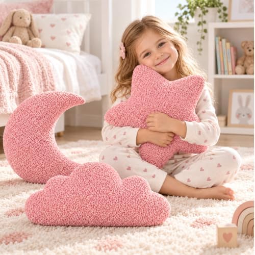 3 Pack Cloud Moon Star Shaped Throw Pillows 16 Inch Pink Plush Pillow Set