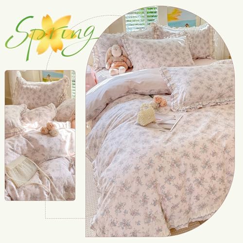 HighBuy Farmhouse Floral Duvet Cover Set Twin Pink Ruffle,100% Cotton Bedding with Zipper Closure,Shabby Vintage Princess Flowers Bedding Set for Hot Sleepers - 1 Duvet Cover and 2 Pillowcases